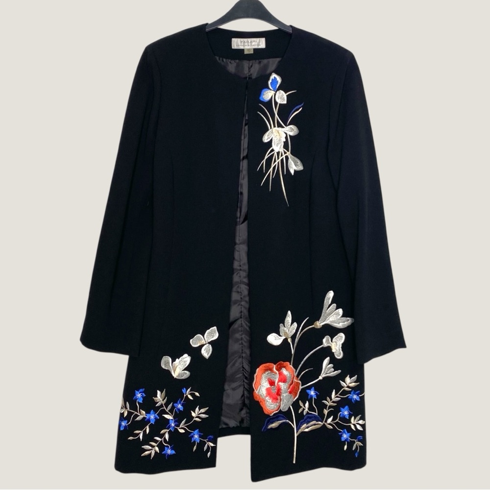 Tahari ASL Black Open Long Blazer Topper Jacket Embroidered Floral Sz 10 - Picture 2 of 10